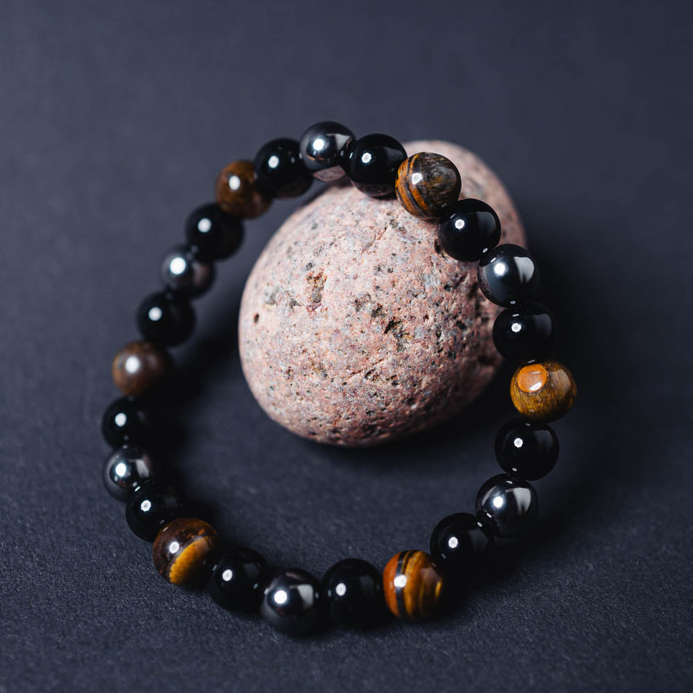 "Dreifach-Schutz" Armband aus Tiger-Auge, Obsidian und Hämatit