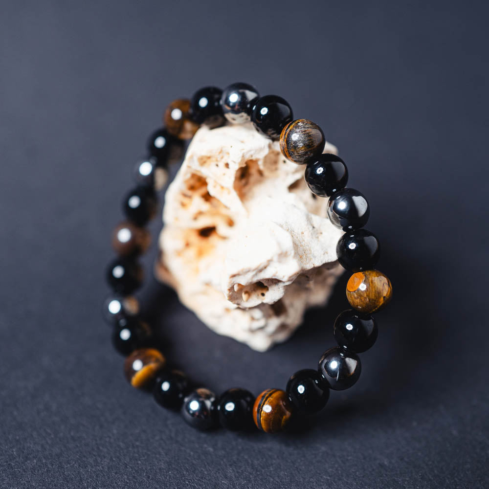 "Dreifach-Schutz" Armband aus Tiger-Auge, Obsidian und Hämatit