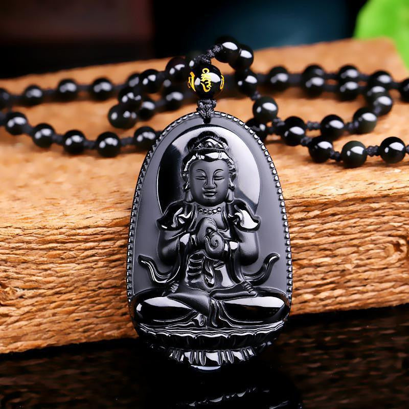 Schwarze Buddha Obsidian Halskette Anhänger Schutzkette Amulett - SpiritOfHakunaMatata